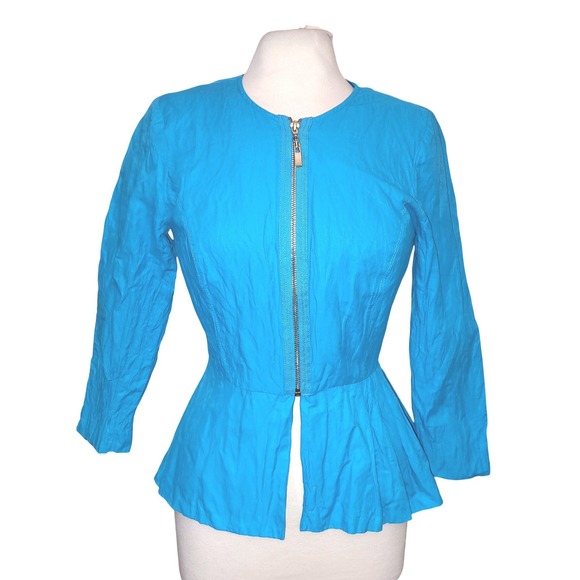 Luii Jackets & Blazers - Anthropologie Luii Turquoise Blue Crepe Fitted Peplum Zip Up Jacket Blazer M